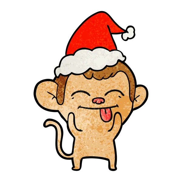 Funny textured cartoon of a monkey wearing santa hat — Stock Vector