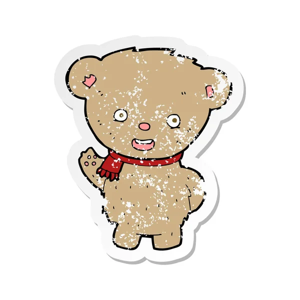 Retro Aufkleber Eines Cartoon Teddybären Winkt — Stockvektor