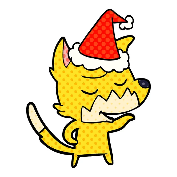 友好的手绘漫画书风格的插图的狐狸戴着圣诞老人的帽子 — 图库矢量图片