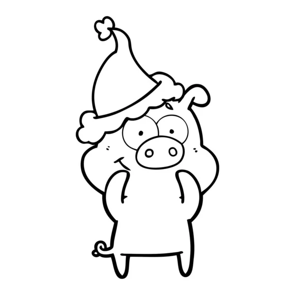 Linha feliz desenho de um porco usando chapéu de santa — Vetor de Stock