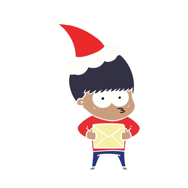 Nerviosa ilustración a color plano de un niño con sombrero de santa — Vector de stock