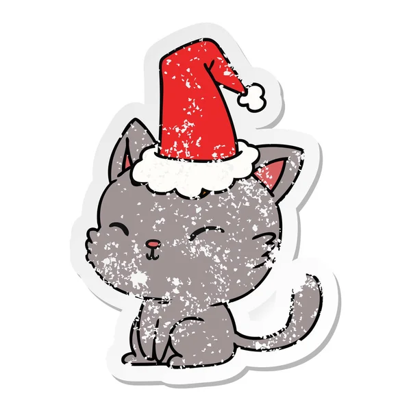 Christmas distressed sticker cartoon von kawaii cat — Stockvektor
