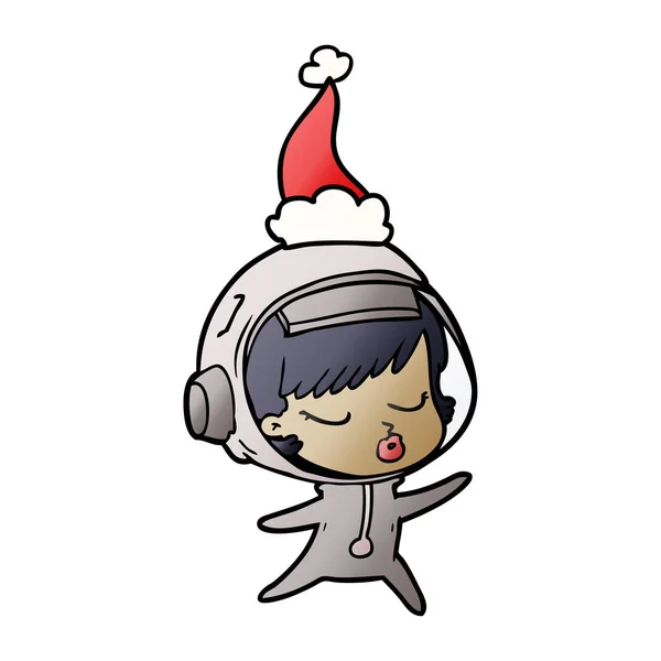 Karikatur eines hübschen Astronautenmädchens mit Weihnachtsmütze — Stockvektor