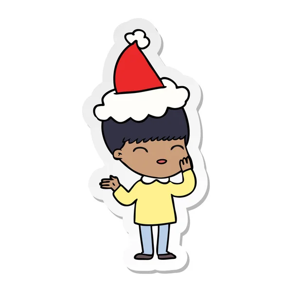 Happy Hand Drawn Sticker Cartoon Boy Wearing Santa Hat — Stock Vector