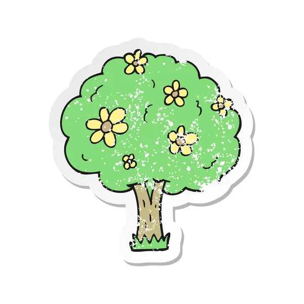 Retro noodlijdende sticker van een cartoon boom met bloemen — Stockvector