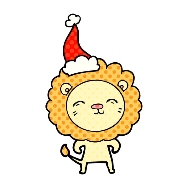 Illustrazione in stile fumetto di un leone che indossa il cappello di Babbo Natale — Vettoriale Stock
