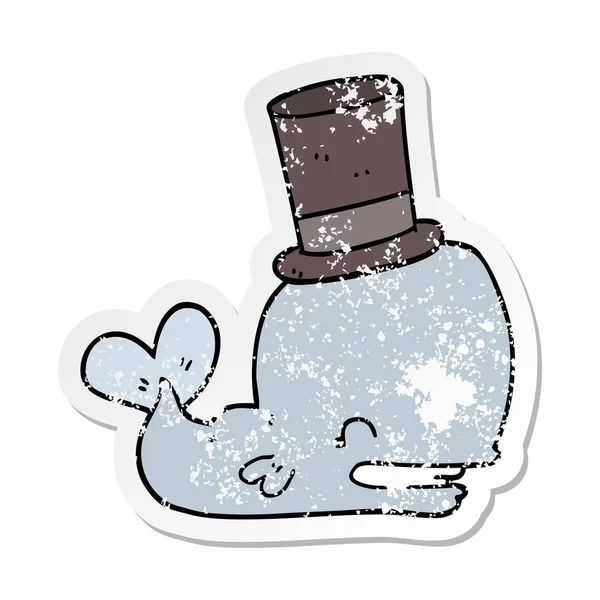 Silindir şapka giyen bir karikatür balinanın sıkıntılı etiket