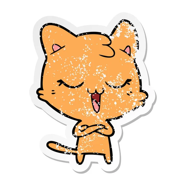 Verontruste sticker van een happy cartoon kat — Stockvector