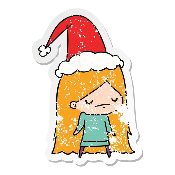 Christmas distressed sticker cartoon of kawaii girl — Stock Vector