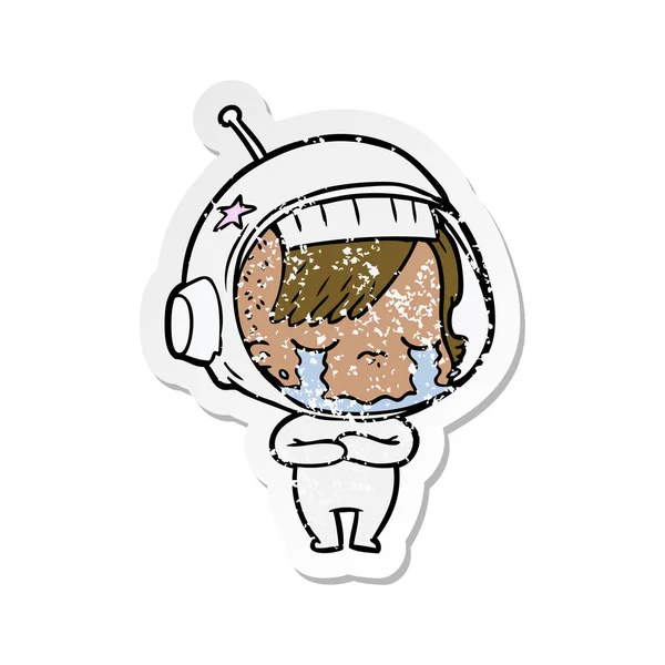 Calcomanía angustiada de una chica astronauta llorando de dibujos animados — Vector de stock