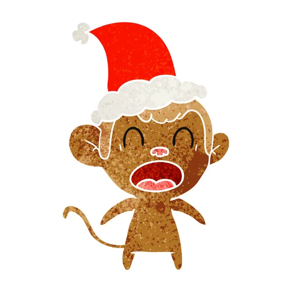 Shouting Hand Drawn Retro Cartoon Monkey Wearing Santa Hat — Stock Vector