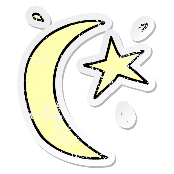 Etiqueta angustiada desenho animado doodle da lua e uma estrela — Vetor de Stock