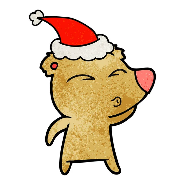 Cartoni animati di un orso fischiante indossa cappello di Babbo Natale — Vettoriale Stock