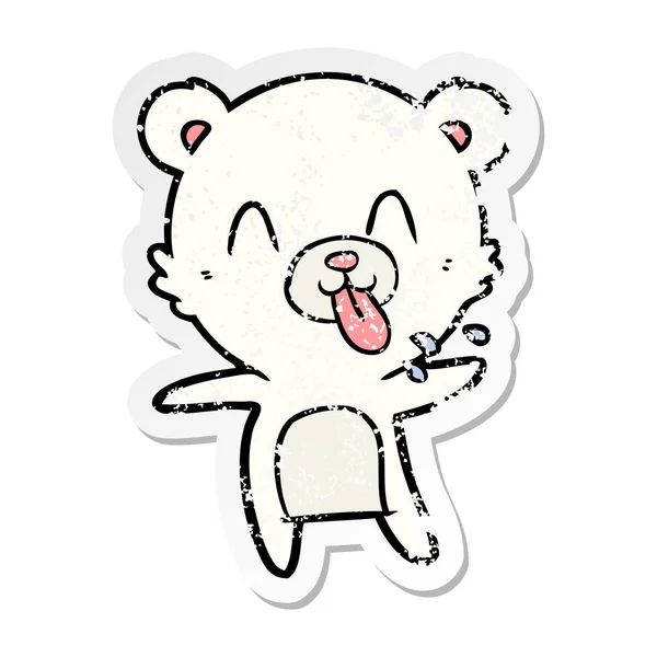 Distressed sticker of a rude cartoon polar bear sticking out ton — Stock Vector