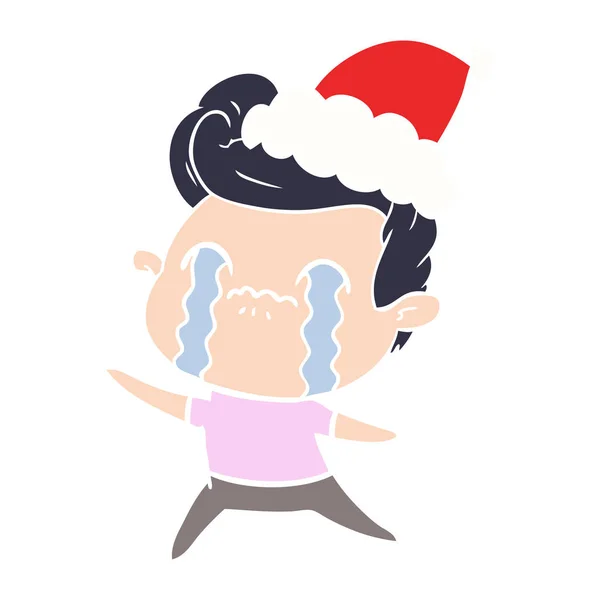 Illustrazione a colori piatta di un uomo che piange indossando il cappello di Babbo Natale — Vettoriale Stock