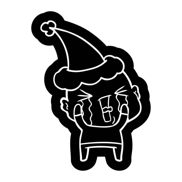 サンタの帽子をかぶって泣いているハゲ男の漫画のアイコン — ストックベクタ
