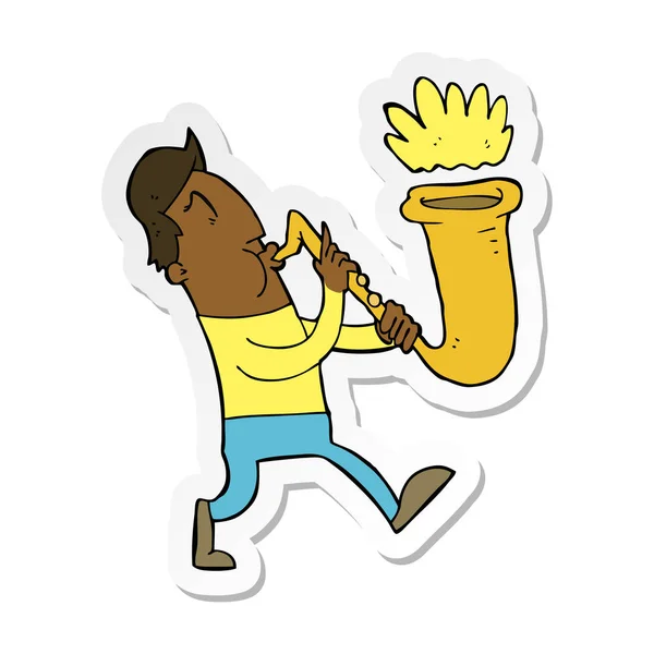 Nálepka Karikatura Člověka Foukání Saxofon — Stockový vektor