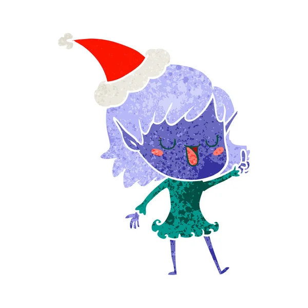 Dibujos animados retro de una chica elfa con sombrero de santa — Vector de stock