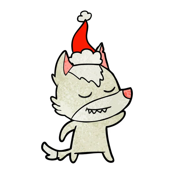 산타 모자를 쓰고 늑대의 친절 한 질감된 만화 — 스톡 벡터