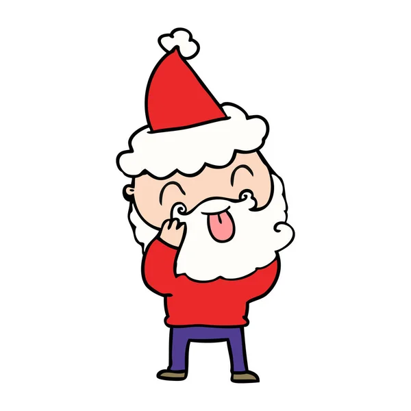 Mann mit Bart, der die Zunge herausstreckt, trägt Weihnachtsmütze — Stockvektor