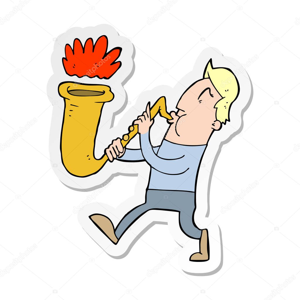 sticker of a cartoon man blowing saxophone