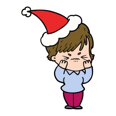 çizim için Noel Baba şapkası giyen sinirli bir kadının el çekilmiş