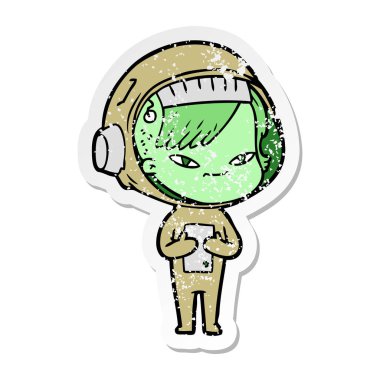 bir çizgi film astronot kadının sıkıntılı etiket