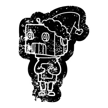 ilginç çizgi film simgesi Noel Baba şapkası giyen bir robot sıkıntılı