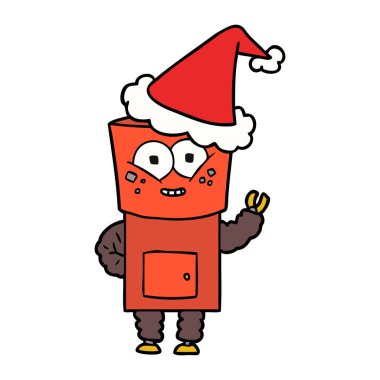 mutlu el çizim için Noel Baba şapkası giyen bir robot sallayarak Hello çekilmiş