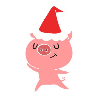 Noel Baba şapkası giyen bir domuz mutlu düz renkli çizimi