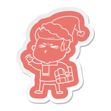 giyen Noel Baba şapkası terleme bir adamın ilginç çizgi film etiketi