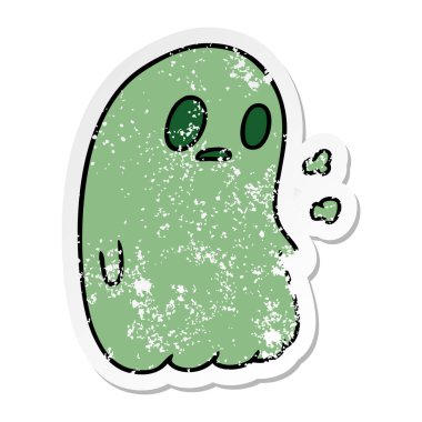kawaii sevimli hayalet sıkıntılı etiket karikatür çizimi