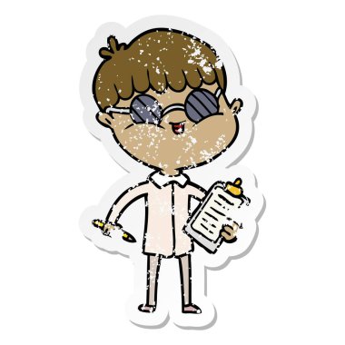 gözlük takan bir çizgi film çocuk sıkıntılı etiket