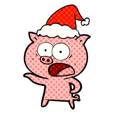 çizgi roman tarzı illüstrasyon domuz giyen Noel Baba şapkası bağıran bir el çekilmiş