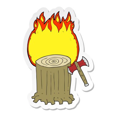 etiket bir karikatür ağaç kütüğü ve balta