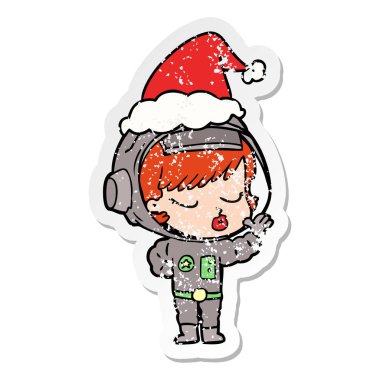 elle çizilmiş etiket karikatür Noel Baba şapkası giyen bir güzel astronot kızın sıkıntılı