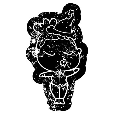 Noel Baba şapkası giyen sakin bir kadın ilginç karikatür sıkıntılı simgesi