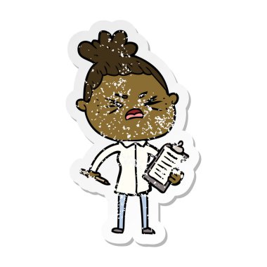 bir çizgi film kızgın kadının sıkıntılı etiket