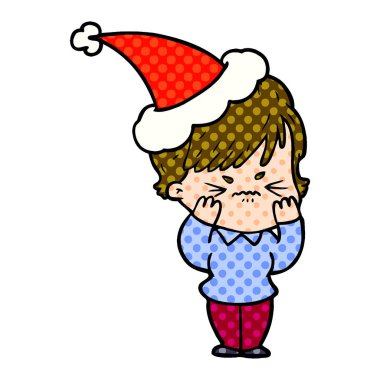 Noel Baba şapkası giyen bir sinirli kadın çizgi roman tarzı çizimi el çekilmiş