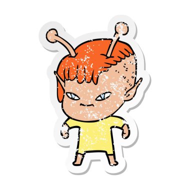 bir sevimli çizgi uzaylı kızın sıkıntılı etiket