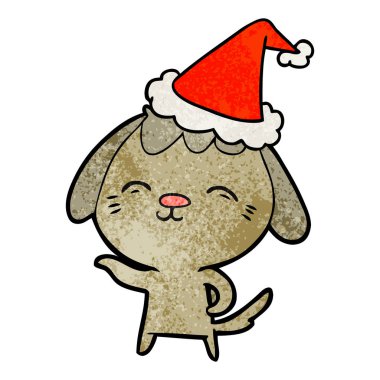 Noel Baba şapkası giyen bir köpek dokulu karikatür mutlu el çekilmiş