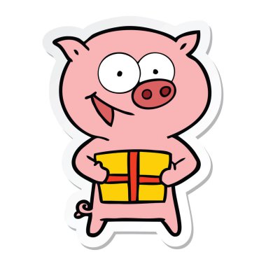 Noel hediye ile neşeli domuz bir etiket