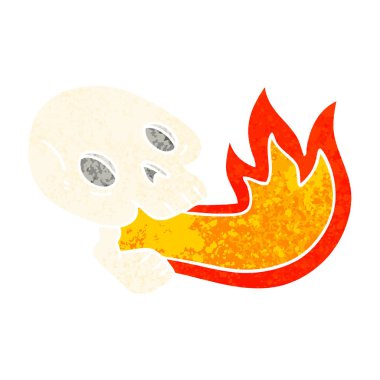 Retro illüstrasyon stil ilginç karikatür kafatası nefes yangın