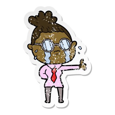 ağlayan kadın gözlük takan bir karikatür sıkıntılı etiket