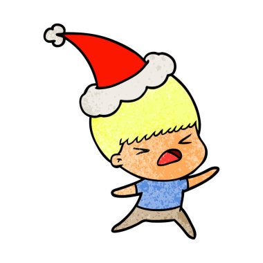 Noel Baba şapkası giyen stresli bir adamın dokulu çizgi film el çekilmiş