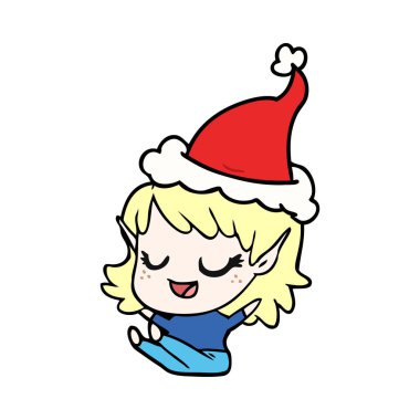 mutlu çizgi çizme giyen Noel Baba şapkası oturan bir elf kızı