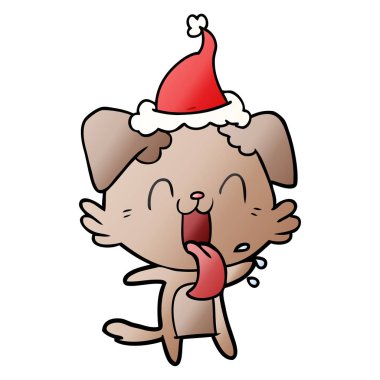 Noel Baba şapkası giyen bir nefes nefese köpek degrade çizgi film el çekilmiş