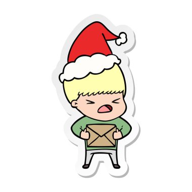 etiket karikatür Noel Baba şapkası giyen stresli bir adamın