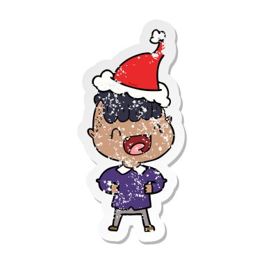 sıkıntılı etiket karikatür giyen Noel Baba şapkası gülerek mutlu bir çocuk el çekilmiş