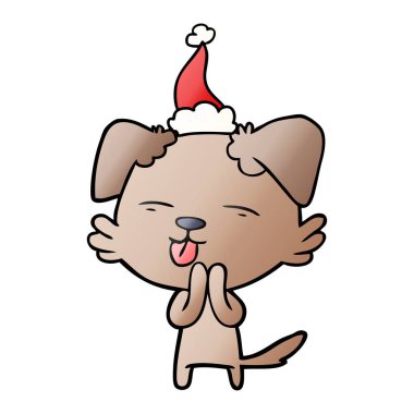 Noel Baba şapkası giyen dilini bir köpek degrade çizgi film el çekilmiş